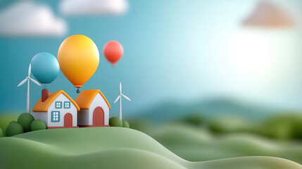 Leinwandbilder - whimsical landscape features small house with colorful balloons and wind turbines on rolling hills under bright sky