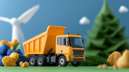 Aufkleber - yellow dump truck is depicted in stylized, eco friendly landscape with wind turbines and trees, symbolizing sustainable energy and environmental awareness
