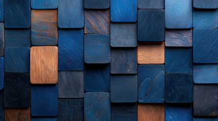 Poster - composition of blue and brown wooden tiles arranged geometric pattern, creating textured and artistic visual effect. varying shades of blue contrast with warm brown tones, adding depth and