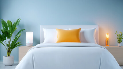 Aufkleber - modern bedroom with white bed, orange pillow, and smart devices on wooden nightstands, creating serene atmosphere