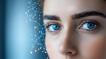 Fototapete - close up of woman face with digital network connections near her eye, symbolizing technology and human interaction. image highlights integration of digital elements with human features