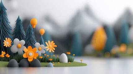 Poster - whimsical digital illustration of smart forest ecosystem features stylized trees, vibrant flowers, and gentle hills, creating serene and imaginative landscape
