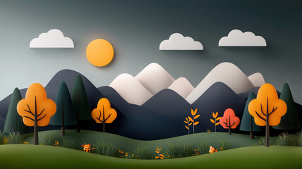 Aufkleber - serene digital illustration of smart forest ecosystem features stylized trees, mountains, and sun under cloudy sky, showcasing harmonious blend of nature and technology