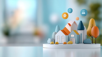 Poster - miniature model of smart home with vibrant colors and technology icons representing automation and connectivity. scene is set against blurred background, highlighting concept of modern living
