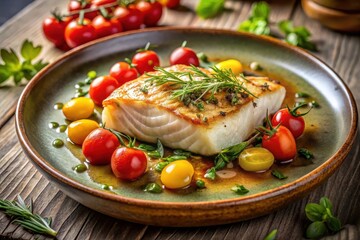 Wall Mural - A Pan-Seared Fish Fillet with Roasted Cherry Tomatoes and Fresh Herbs on a Rustic Plate