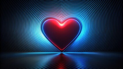 Wall Mural - abstract neon heart glowing in a dark reflective cylindrical hallway with blue and red illumination