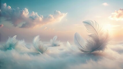 Wall Mural - Serene Sunset Delicate White Feathers Drifting on a Soft Cloud Sea at Dawn