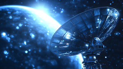 Wall Mural - a large satellite dish against a backdrop of a planet and stars. deep blue hues and a futuristic fee