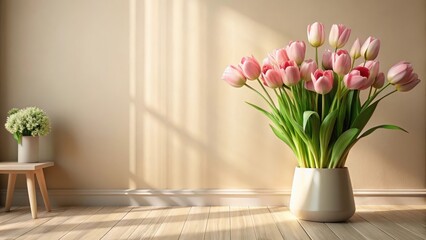 Wall Mural - sunlit interior featuring a vase of pink tulips and a small side table