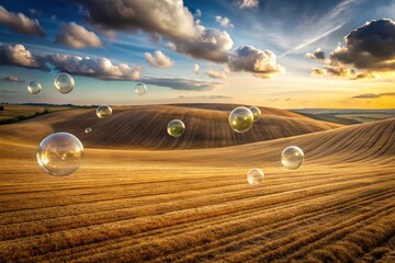 Wall Mural - Golden Field Serenity Sparkling Bubbles Drifting Across a Sunlit Landscape at Sunset