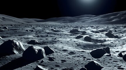Wall Mural - a desolate lunar landscape under a bright sun. rocky terrain stretches to the horizon, showcasing th