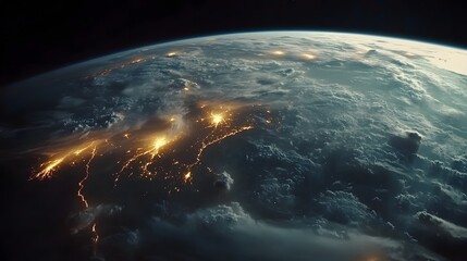 Wall Mural - stunning view of earth from space at night. city lights illuminate the dark surface below a layer of