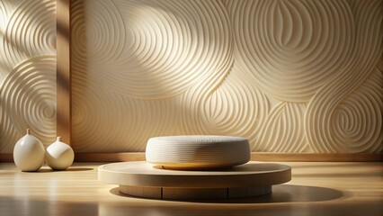 Wall Mural - Serene Minimalist Studio Display Featuring Circular Textured Wall and Wooden Platform with Decorative Vessel