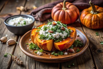 A delectable autumnal dish featuring roasted pumpkin halves, topped with creamy dairy, vibrant greens, and savory spices, served on rustic wooden surface