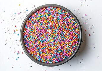 Poster - Colorful Round Sprinkles in a Bowl on a White Surface with a Playful Arrangement of Various Colors Captured in a High-Quality Image for Baking and Decoration