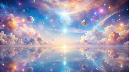 Wall Mural - Celestial Reflection A Dreamlike Panorama of Planets, Stars, and Clouds Mirrored in a Tranquil, Serene Water