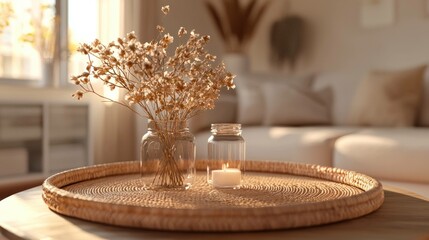 Wall Mural - Cozy home decor with dried flowers in a glass vase on a wooden tray, warm colors, soft lighting, enhancing a relaxed atmosphere in a living room setting