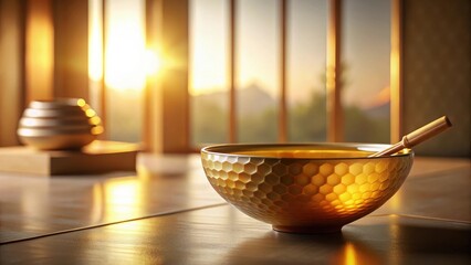 Wall Mural - golden honeycomb bowl at sunset with wooden stirrer on a polished table