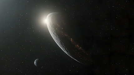 Wall Mural - a crescent-shaped celestial body dominates the frame, bathed in the light of a distant sun. a smalle