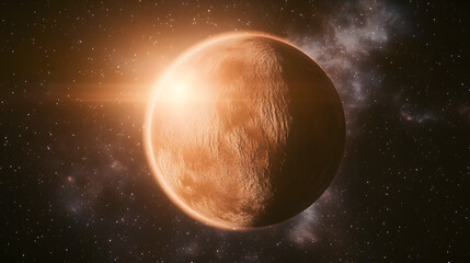Wall Mural - stunning view of a vibrant orange planet bathed in the golden light of a nearby star. cosmic dust an