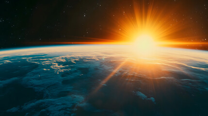 Wall Mural - stunning sunrise over earth seen from space. bright sun rays illuminate the planet's atmosphere and 