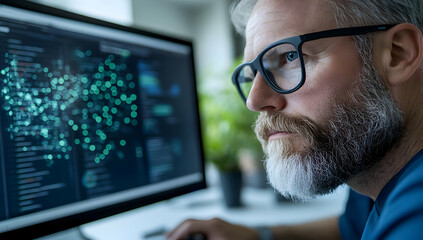 Focused programmer analyzing data network on computer screen in modern office, background blurred.  Use Technology, software, data analysis, cybersecurity