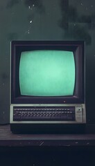 A vintage computer monitor sits on a worn wooden surface