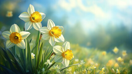 Wall Mural - daffodils blooming abundantly in the field, symbolizing renewal and fresh beginnings