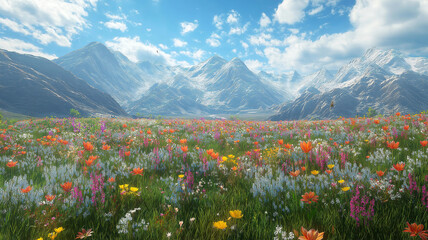 Wall Mural - lush flower-filled valleys nestled between towering mountains, showcasing nature's beauty at its fin