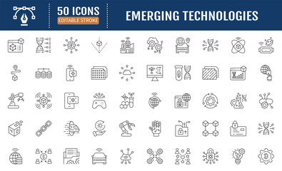 emerging technologies line editable icon set. containing ai, machine learning, augmented, virtual re