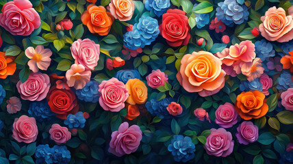 Wall Mural - Soft, colorful roses creating a lively and romantic floral backdrop