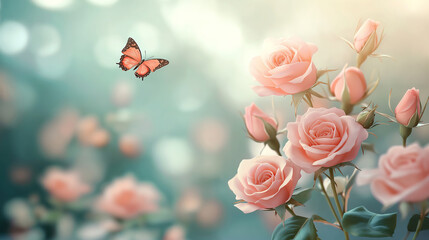 Wall Mural - Blooming roses and delicate butterflies in a dreamy spring banner with a blurred pastel background