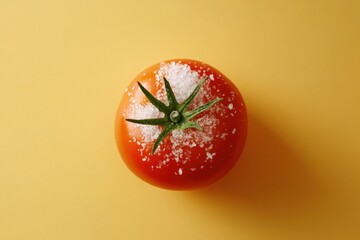 Canvas Print - A bright red tomato is covered with coarse white salt