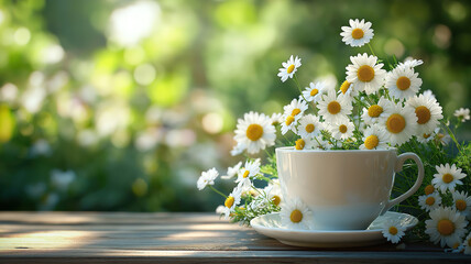 Wall Mural - Springtime charm with chamomile flowers in a teacup, placed on a wooden table surrounded