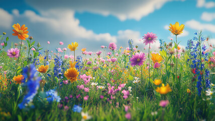 a scenic wildflower meadow in the english countryside showcasing a beautiful mix of vibrant