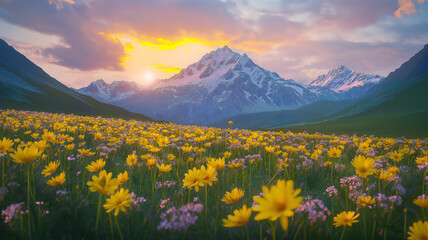 Wall Mural - golden sunbeams over a mountain landscape with yellow flowers and colorful sky in svaneti