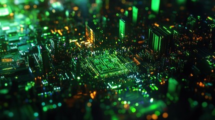 Sticker - 3D close-up of a digital circuit board illuminated with vibrant green and blue hues, symbolizing tech