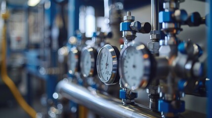 Poster - Close up view of pressure gauges and piping within an industrial setting, illustrating the detailed machinery involved in monitoring and controlling operational parameters.