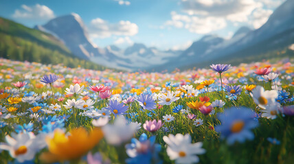 Wall Mural - scenic spring meadow filled with a rich variety of blooming flowers and fresh greenery