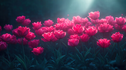 Wall Mural - Springtime beauty of pink parrot tulips captured in a dark, moody close-up in Netherlands garden