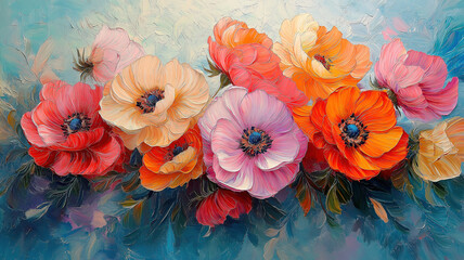 Wall Mural - Artistic oil painting of colorful flowers on canvas with deep hues and expressive brushwork
