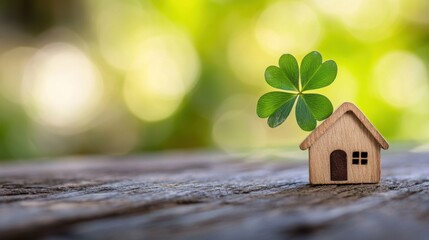 Canvas Print - A vibrant four-leaf clover leaning against a small wooden house figure on a rustic wooden background