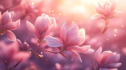 Wall Mural - Beautiful magnolia tree in spring, its pink flowers glowing in the warm, sunny atmosphere