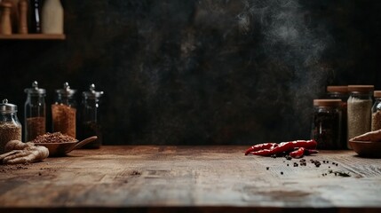 Wall Mural - Rustic kitchen table with spices and red chili peppers on wooden surface