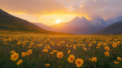 Wall Mural - colorful sunset sky over mountains and flowers in svaneti georgia with bright sunbeams