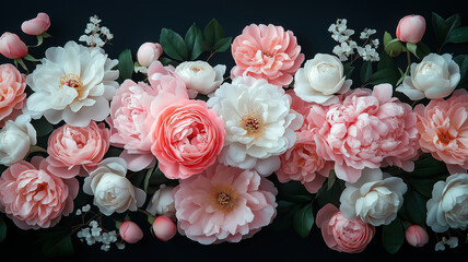 Wall Mural - Floral banner with pink peonies and white roses on black background, elegant vintage bouquet