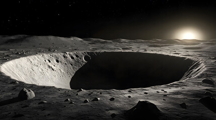 Wall Mural - a stunning view of a lunar crater on the moon's surface, bathed in the golden light of a rising sun.