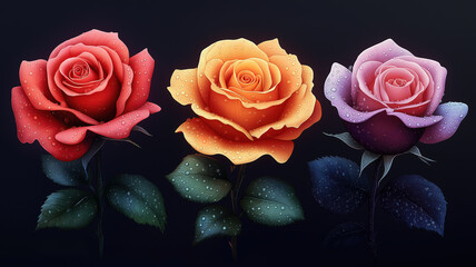 Wall Mural - Close-up of fresh roses with shimmering water drops, evoking purity and romantic allure