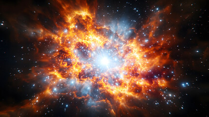 Wall Mural - a vibrant nebula explodes with fiery orange and blue hues, radiating intense energy from its core. s
