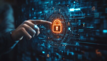 Poster - Modern internet security system with a businessman touching a glowing padlock icon, securing customer information and personal data in a digital landscape